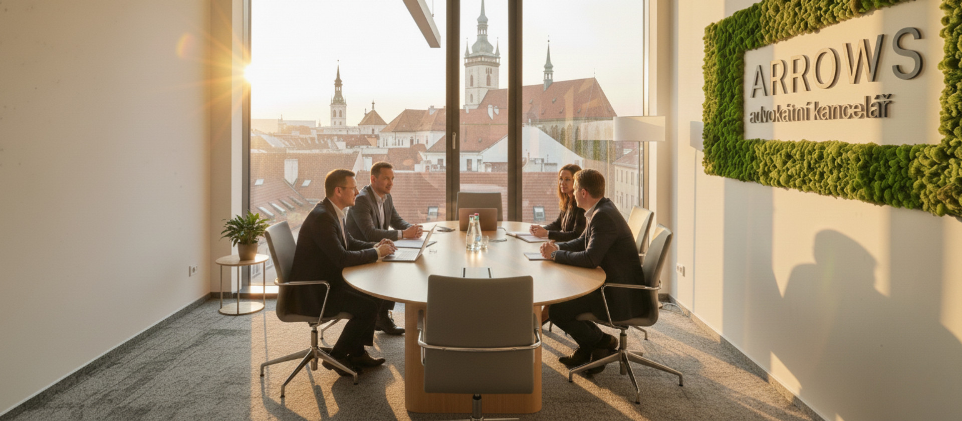 Jednání realitních specialistů s klienty v moderní kanceláři